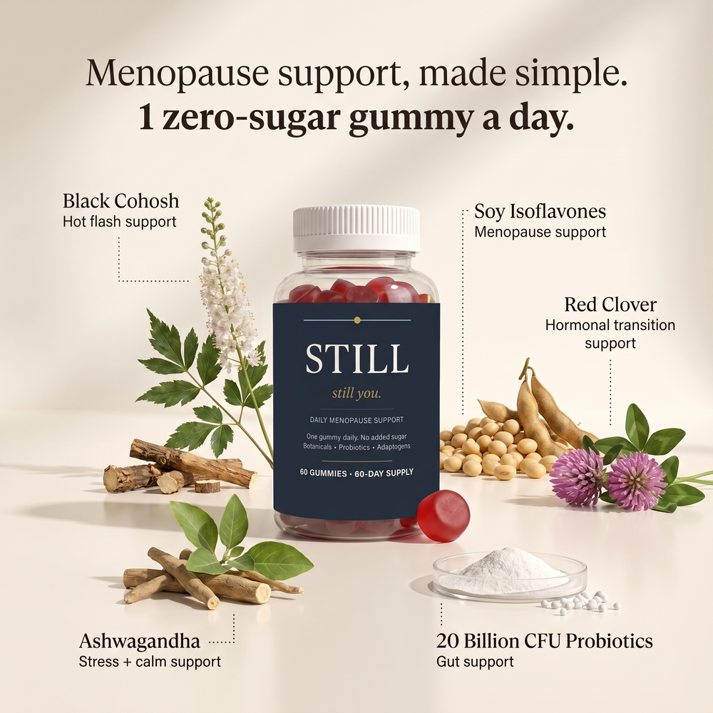 Still You bottle with key benefit callouts — one gummy daily, no added sugar