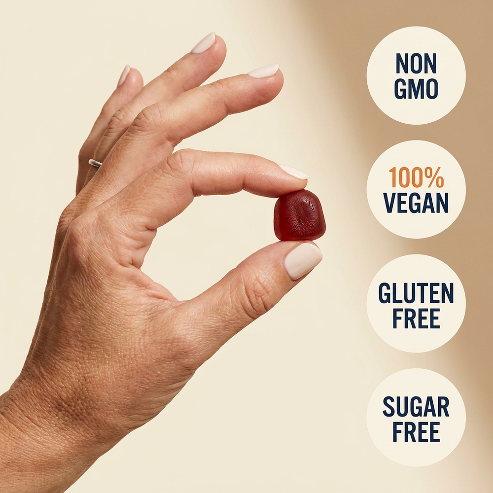 One small red gummy held between two fingers - non-GMO, 100% vegan, gluten-free, sugar-free