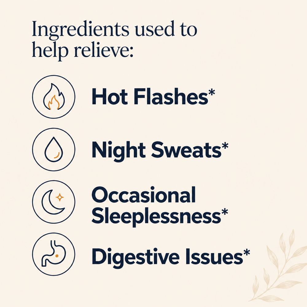 Ingredients used to help relieve hot flashes, night sweats, occasional sleeplessness, and digestive issues*